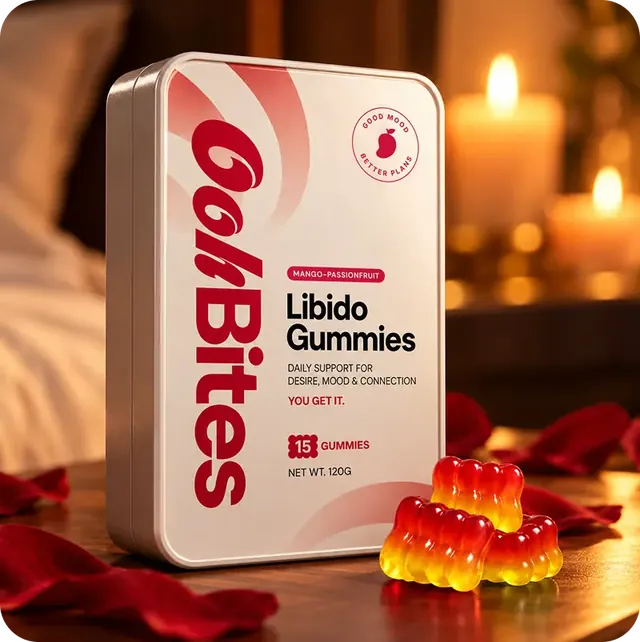 Box of Oohbites gummies and loose gummies on a candlelit table
